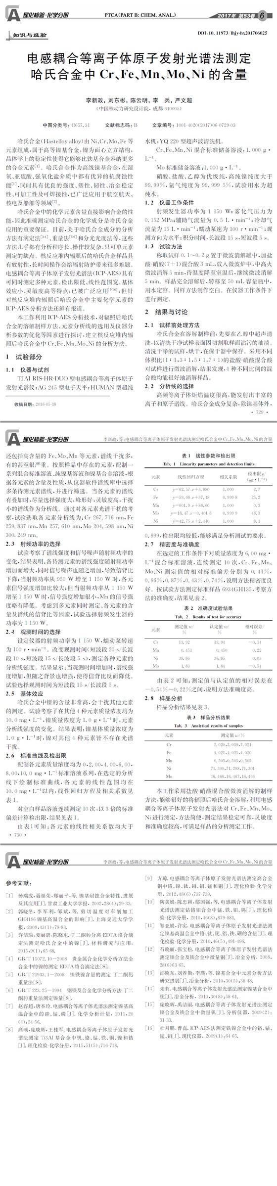 電感耦合等離子體原子發(fā)射光譜法測(cè)定哈氏合金中Cr、Fe、Mn、Mo、Ni的含量