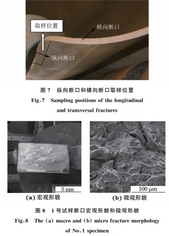圖８ １號試樣斷口宏觀形貌和微觀形貌