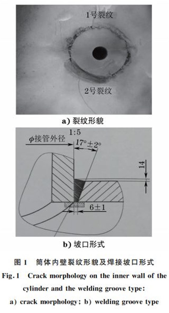 圖１ 筒體內(nèi)壁裂紋形貌及焊接坡口形式