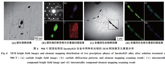 圖４ ９８０ ℃固溶處理后Incoloy８２５合金中兩種析出相的TEM 明場(chǎng)像及元素面分布