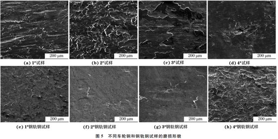 圖５ 不同車輪鋼和鋼軌鋼試樣的磨損形貌